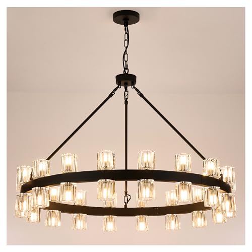 36 Inch Black Wagon Wheel Chandelier with Crystal Shade