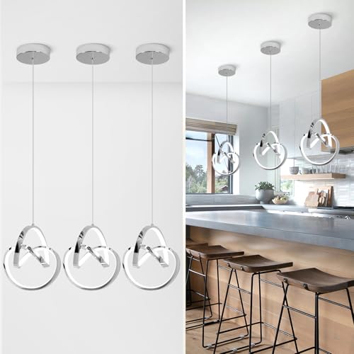 Modern LED Pendant Light Fixtures 5500K Pendant Lights Kitchen Island Lighting Adjustable Height Chrome Hanging Lamp for Dining Room Bedroom Living Room (3 Count)