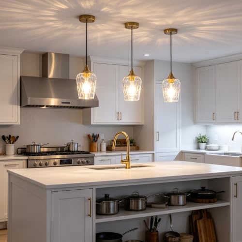 Hammered Glass Pendant Lights Brushed Gold Kitchen Lighting Over Island (3 Count)