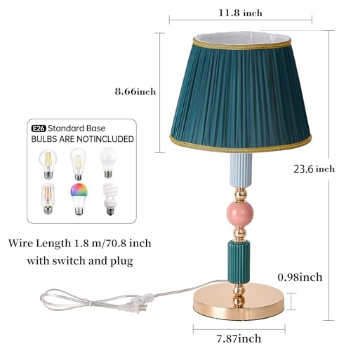 Green Fabric Shade Table Lamp Modern Metal Desk Lamp with Plug Cord Switch for Bedroom Bedside