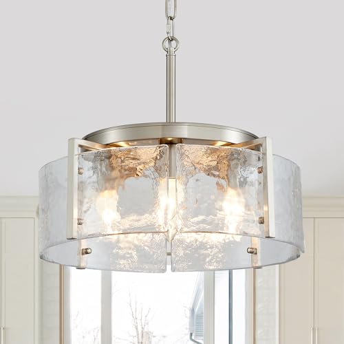 4 Light Glass Brushed Nickel Chandeliers for Dining Room 17.3" Round Modern Farmhouse Chandelier Drum Hanging Pendant Ceiling Light Fixture for Hallway Entryway Kitchen Island Foyer Bedroom