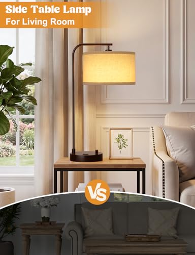 Brown Table Lamp for Bedroom with USB Port and Outlet