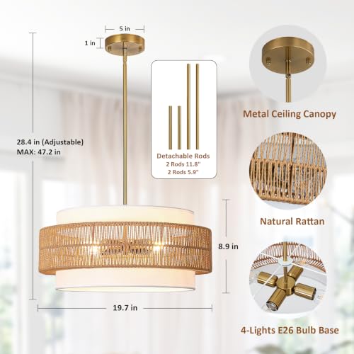 4 Light Rattan Chandelier for Dining Room