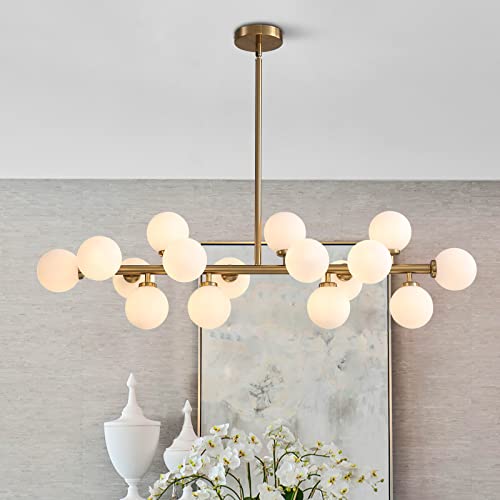 Gold Dining Room Chandelier Over Table Mid Century Modern Chandelier White Glass Globe Lampshade Linear Pendant Lighting Fixture for Living Room Dining Table 16 Lights