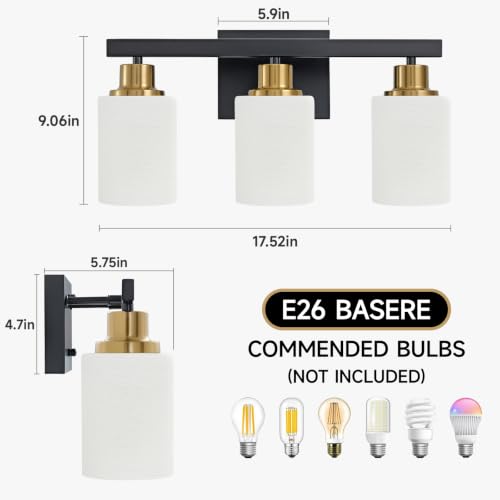 3 Light Vanity Lights Black and Gold Bathroom Light Fixtures 17in