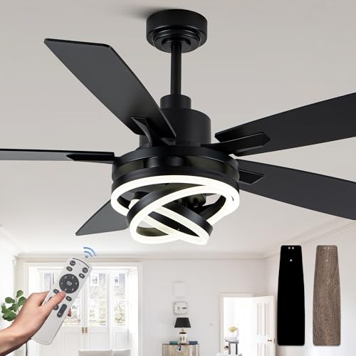 52 Inch Black Modern Ceiling Fans with Lights Chandelier Fan