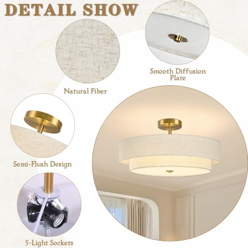 20" Modern 2 Layer Fabric Ceiling Light Gold Classic Drum Light Fixture 5