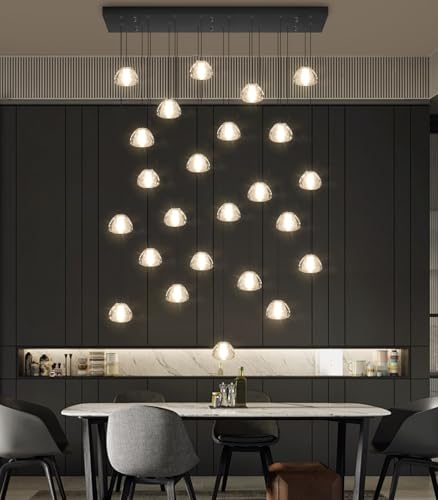 24 Lights Modern Rectangular Crystal Chandelier LED Raindrop Ceiling Pendant Light Crystal Lighting Fixture for Living Room Hotel Staircase Hallway Foyer Entryway Bedroom Black