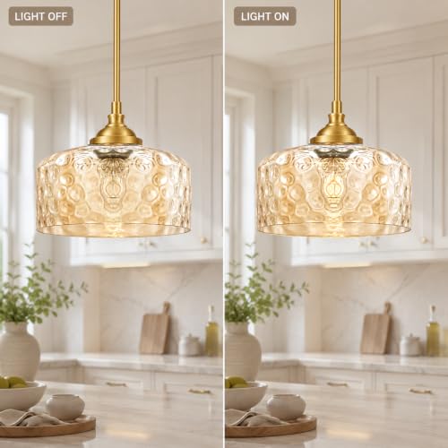 Gold Farmhouse Hammered Glass Kitchen Pendant Lighting Over Island