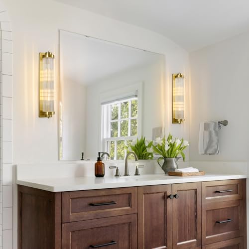 Gold Wall Sconces Set of Two with Crystal Glass Strip Bathroom Sconces 2 Light E12 Base Modern Wall Lights for Bedroom Living Room Hallway Wall Light Fixtures (2 Count)