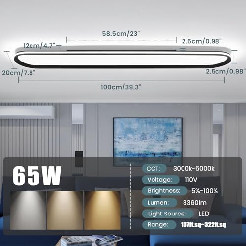 Modern LED Ceiling Light Dimmable Linear Ceiling Light 39.4in Semi Flush Mount Long Lights with Remote Control and Side Lighting for Living Room Kitchen Dining Room