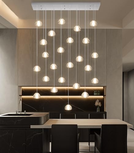 24 Lights Modern Rectangular Crystal Chandelier LED Raindrop Ceiling Pendant Light Crystal Lighting Fixture for Living Room Hotel Staircase Hallway Foyer Entryway Bedroom Silver