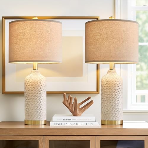 24.25" Table Lamps Set of 2 Modern White Ceramic Lamps Living Room Bedroom (2 Count)