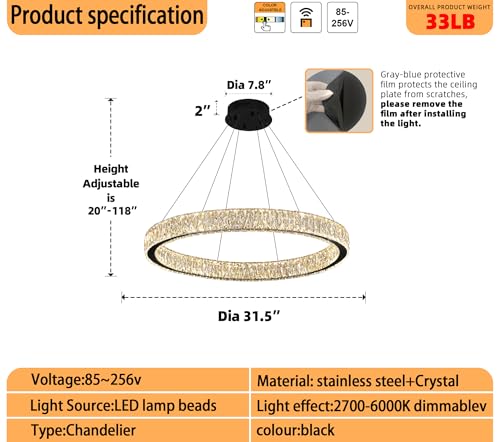 Modern LED Dimmable Crystal Chandelier 31.5" Ring Pendant Light Adjustable Black Round Crystal Chandelier Light Fixtures for Dining Room Living Room