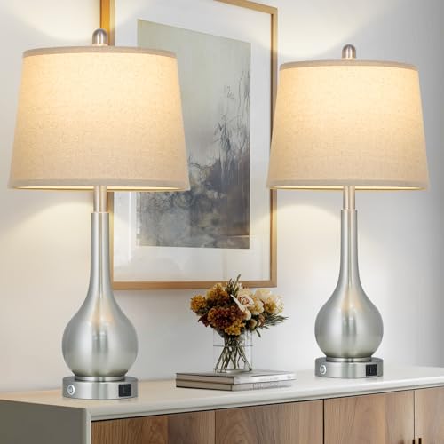 26" Silver Metal Table Lamps Set of 2 for Bedrooms (2 Count)