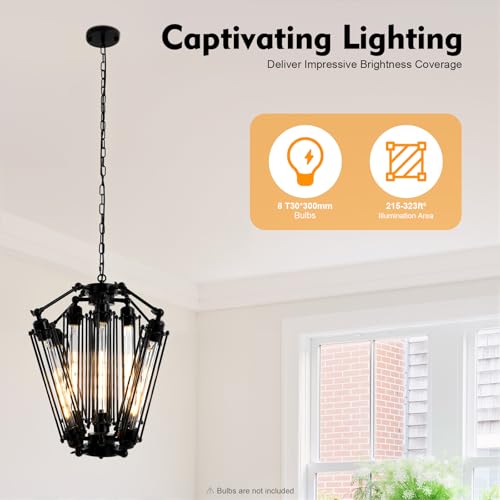 8 Light Industrial Vintage Black Metal Chandelier for Dining Room