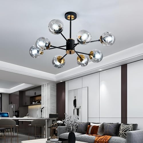 8 Light Sputnik Chandelier with Glass Globe Black and Gold Dinning Light Fixture Modern Mid Century Ceiling Light for Lliving Room Master Bedroom Kitchen