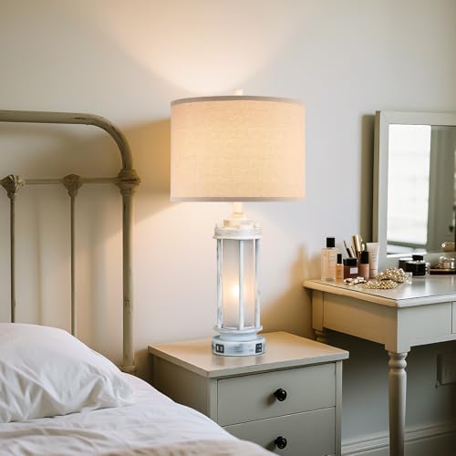 25" Set of 2 Antique White Rustic Table Lamps 2 USB C+A Ports (2 Count)