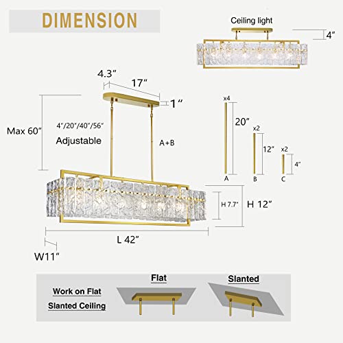 Modern Rectangle Gold Crystal Chandeliers for Dining Room