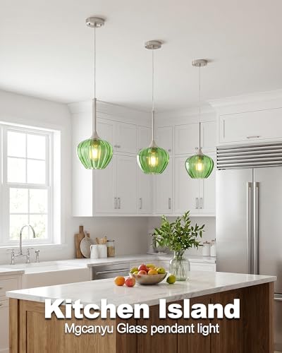 Green Glass Pendant Lights Kitchen Island with Brushed Nickel FInish