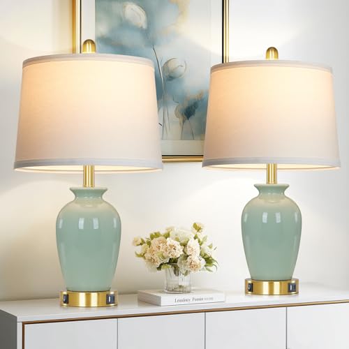 23" Set of 2 Olive Green Ceramic Table Lamp with Pot Design (2 Count)