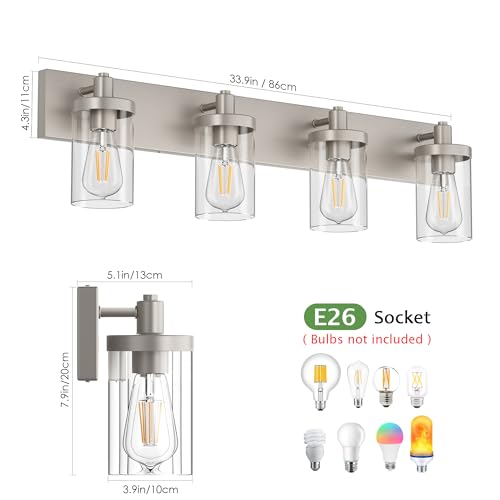 Brushed Nickel Bathroom Light Fixtures 4 Lights Vanity Light for Bathroom Lighting Fixtures Over Mirror