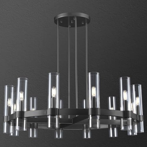 12 Light Black Round Chandelier 36'' Wagon Wheel Chandeliers for Dining Room Light Fixture Clear Glass Tube Chandelier Modern Farmhouse Chandeliers for Living Room Bedroom