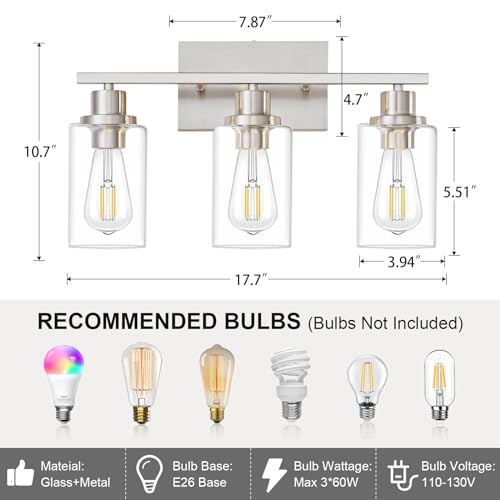3 Light Bathroom Light Fixtures Brushed Nickel Vanity Light Over Mirror Modern Farmhouse Wall Lighting Sconces Wall Lamp for Bathroom