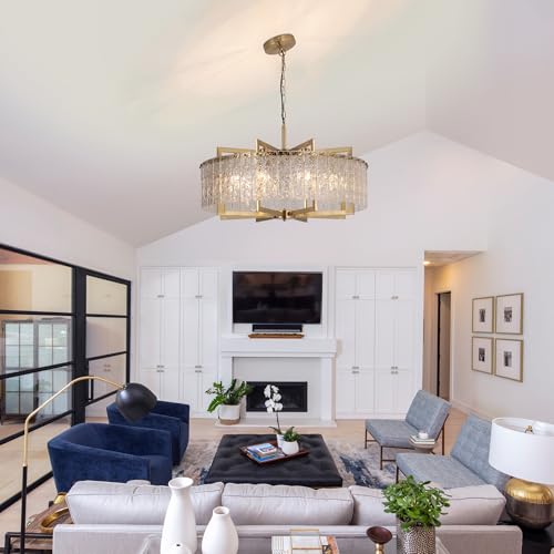 Crystal Gold Chandelier Lighting Fixture Luxury Glass Pendant 30"