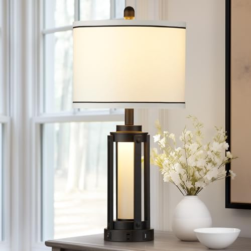 26" Modern Table Lamp with USB A+C Charging Ports & AC Outlet