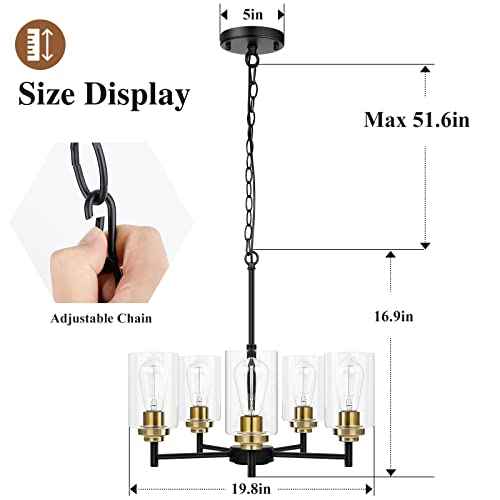 Sucolite 19.8'' Dia 5-Light Chandelier for Dining Room Kitchen Island, Modern Farmhouse Pendant Lighting with Glass Shades Black & Gold Ceiling Light Fixture for Living Room, Height Adjustable