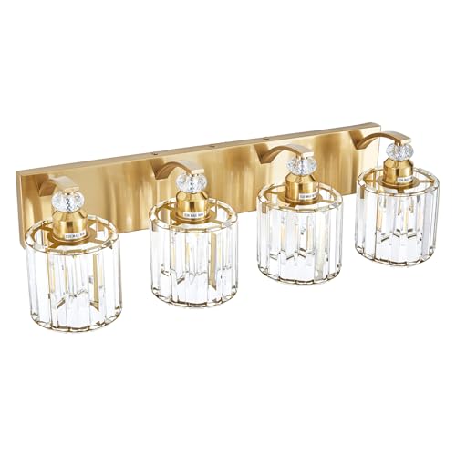 4 Lights Brushed Brass Bathroom Light Fixture Gold Vanity Lights Modern Crystal Bathroom Vanity Lighting Over Mirror Wall Sconce with K9 Crystal Shade E26 Base for Living Room