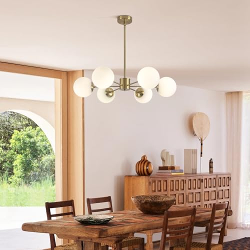 6 Light White Milk Glass Chandelier Brass Gold Sputnik Ceiling Light