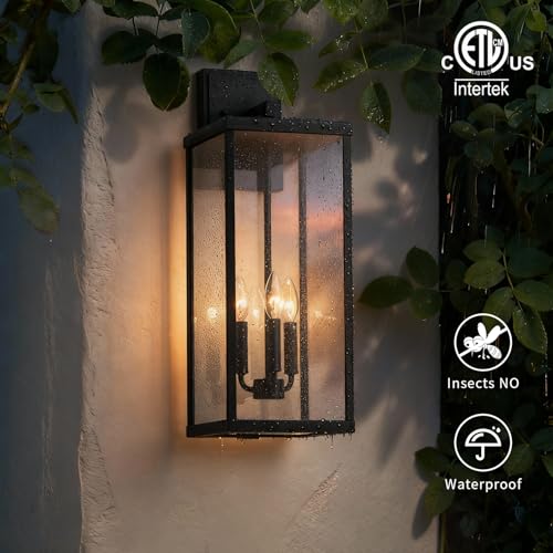 24" Classic Outdoor Wall Sconce 3 Lights in Matte Black Rectangular Metal Frame and Clear Glass Shade Waterproof Porch Light Patio Light Pack of 2 (2 Count)