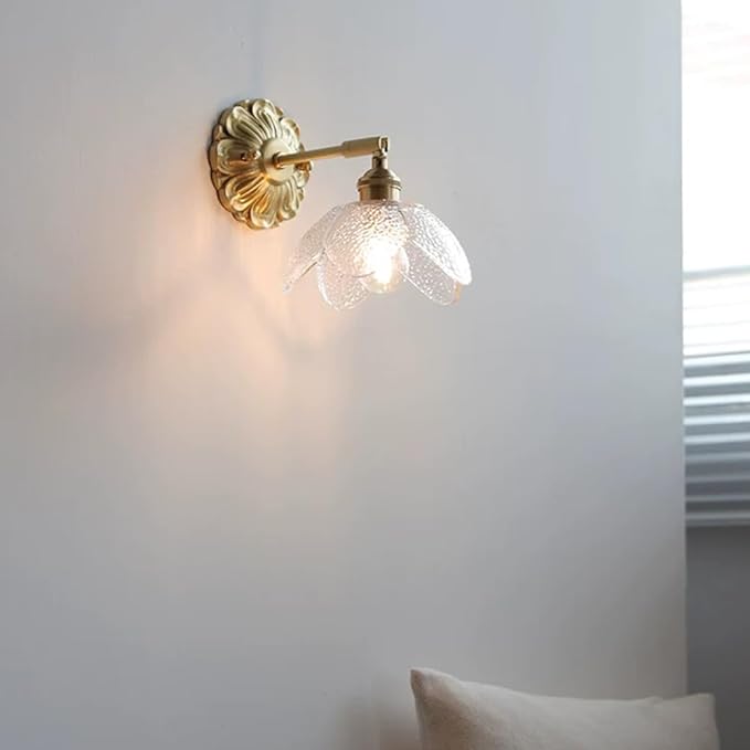 Modern Brass Wall Sconce Flower-Shaped Water Pattern Glass Wall Light Fixture Adjustable Bedside Wall Lamp, Japanese Style Wabi Sabi Polished Brass Wall Sconces for Bedroom Living Room