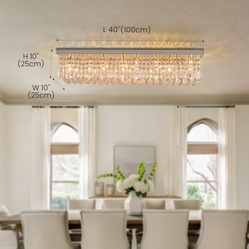 Crystal Chandelier for Dining Room 39.3" Modern Gold K9 Crystal Rectangle Chandeliers Flush Mount Pendant Light Fixture Kitchen Island Bar Dining Room Bedroom Bathroom Hotel