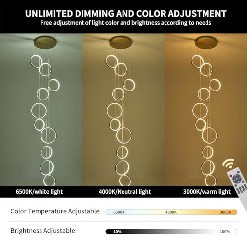 10 Ring Gold LED Chandelier for High Ceilings
