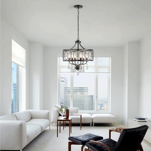 Modern Black Chandelier 17.7" Metal Crystal Pendant Lighting Fixture Hanging 6