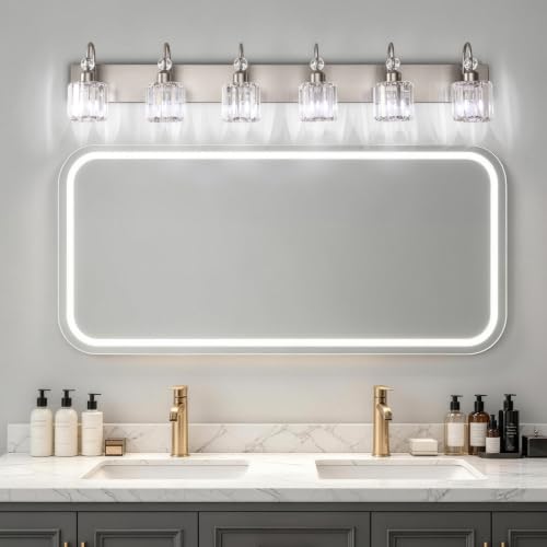 Crystal Brushed Nickel Vanity Light for Bathroom 6 Light Modern Bathroom Lighting Fixtures Over Mirror