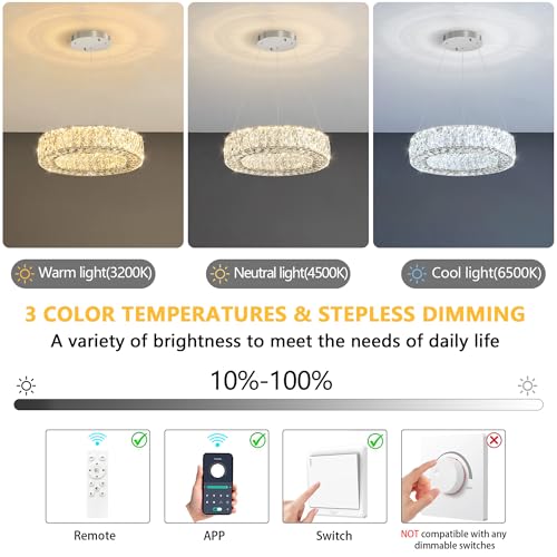 Modern Chandelier for Dining Room Dimmable LED Pendant Lights for Kitchen Island Lighting Silver Ring Crystal Chandeliers for Bedroom Entrance Living Room