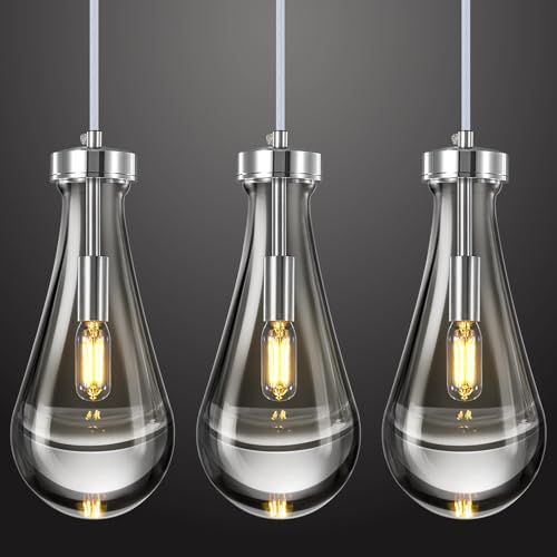 Raindrop Pendant Lights Kitchen Island Set of 3 Teardrop Chrome Hanging Light Fixtures Clear Solid Glass Pendant Light Modern Chandeliers for Dining Room Porch Corridor Living Room (3 Count)
