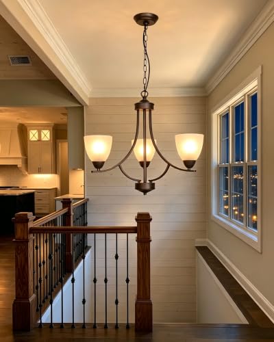 3 Light Shaded Contemporary Chandeliers with Alabaster Glass Oil Rubbed Bronze Modern Light Fixtures Ceiling Hanging Mid Century Pendant Lighting for Dining Room Living Room Hallway Bedroom