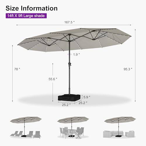 Patio Umbrella 14ft with Base and Solar Lights Outdoor