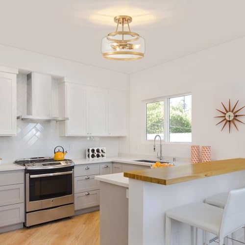 Brushed Gold Semi Flush Mount Ceiling Light Modern Glass Light Fixtures