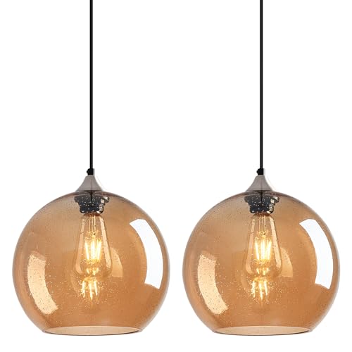 Amber Glass Pendant Lights Kitchen Island Globe Pendant Light Fixtures Modern Pendant Lighting for Bedroom Living Dining Room Light Fixture (2 Count)