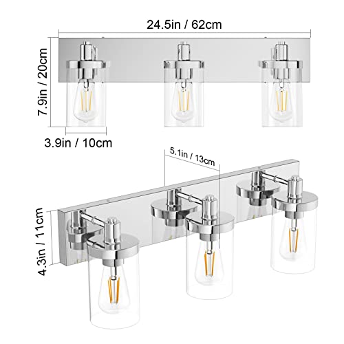 Chrome Vanity Light for Bathroom 3 Light Farmhouse Bathroom Lights Fixtures Over Mirror with Clear Glass Shade