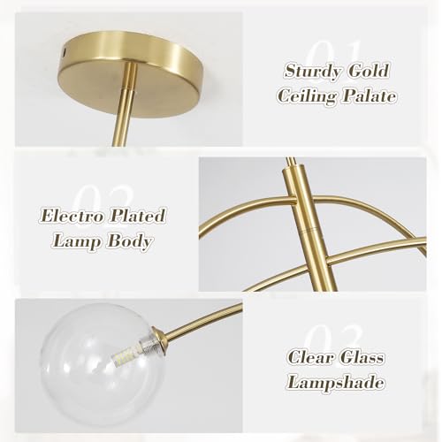 5 Light Modern Brass Chandelier Fixture White Clear Globe Glass Shade Pendant Light Gold Kitchen Ceiling Large Chandelier for Dining Room Kitchen Bedroom