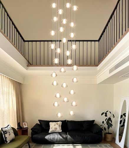 30 Lights Modern Chandeliers for High Ceiling Large Crystal Chandeliers LED Long Handing Light Fixture for Entrance Hallway Foyer Staircase 3000K