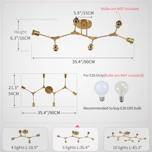 Modern Mid Century Gold Sputnik Semi Flush Mount Ceiling Light Fixture