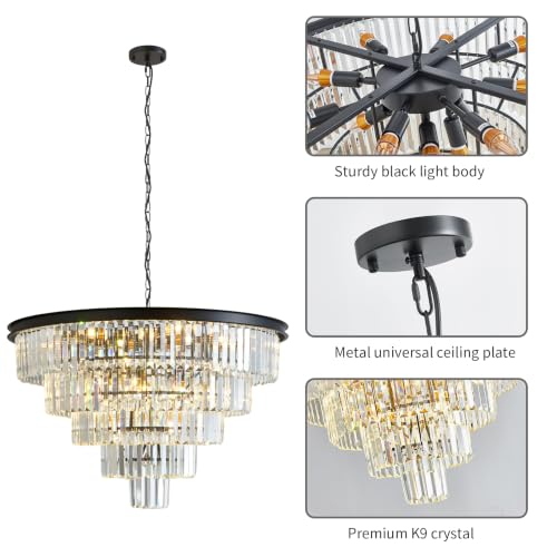 Large Crystal Chandelier 30'' Modern Black Dining Room Light Fixture